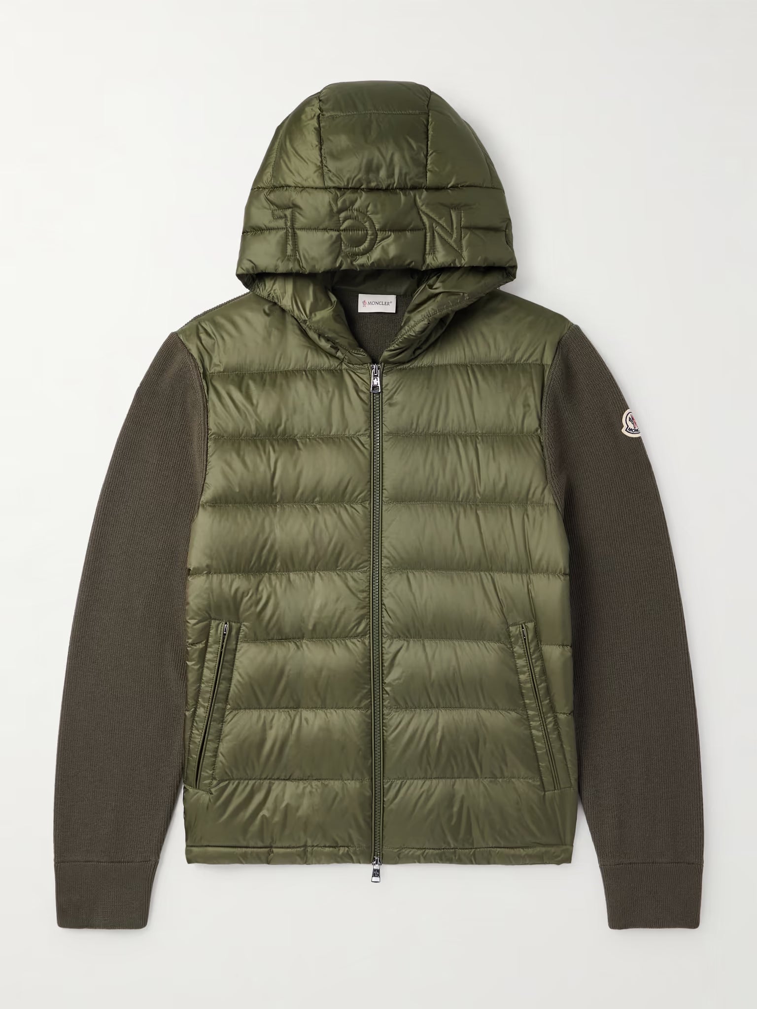 Logo-Appliquéd Wool-Trimmed Quilted Shell Hooded Down Zip-Up Cardigan