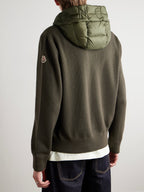 Logo-Appliquéd Wool-Trimmed Quilted Shell Hooded Down Zip-Up Cardigan