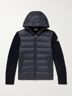 Logo-Appliquéd Wool-Trimmed Quilted Shell Hooded Down Zip-Up Cardigan