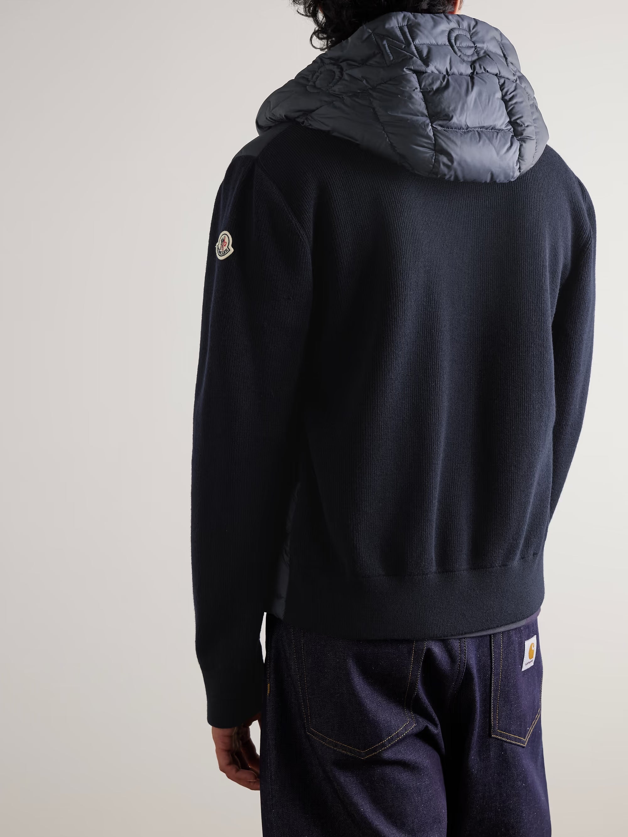 Logo-Appliquéd Wool-Trimmed Quilted Shell Hooded Down Zip-Up Cardigan